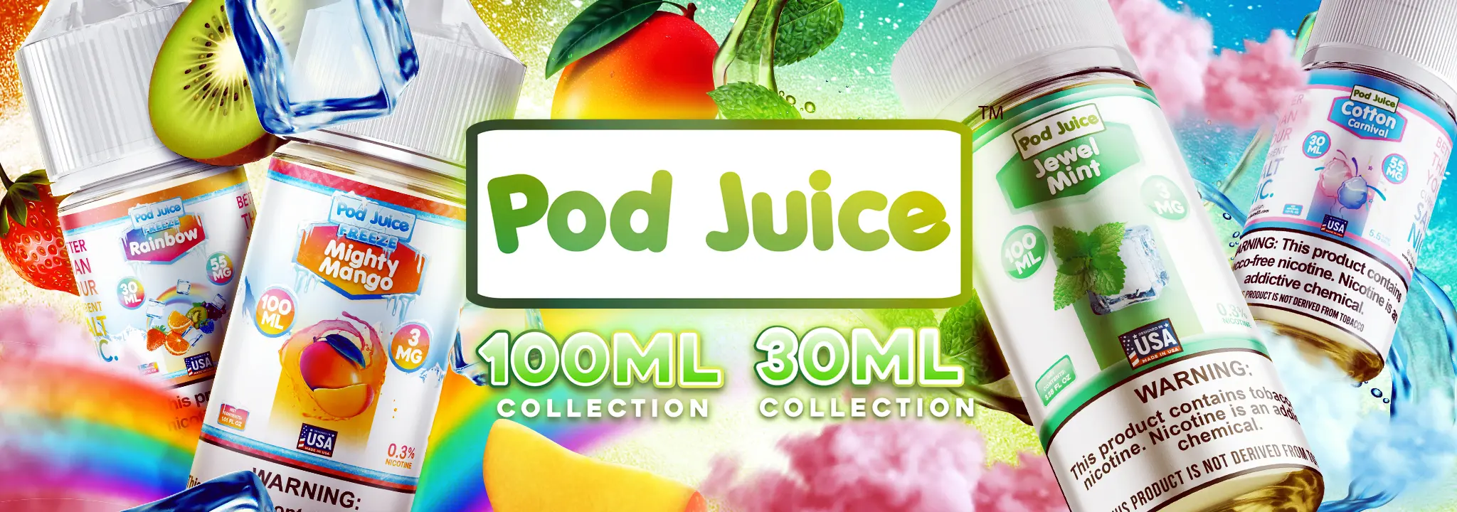 Pod Juice 100ML and 30ML banner with 4 flavors
